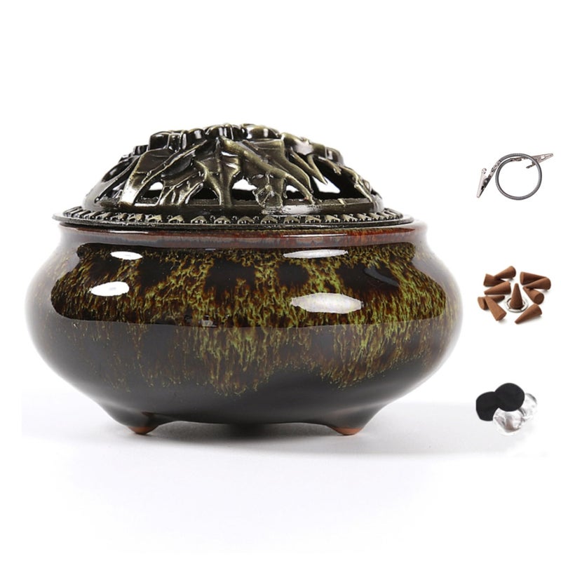 LamDawn Incense Burner with Calabash Incense Stick Holder - Porcelain Charcoal Censer for Use with Resin Granular Powder Cone or Coil Incense (Fambe Green) - Image 1